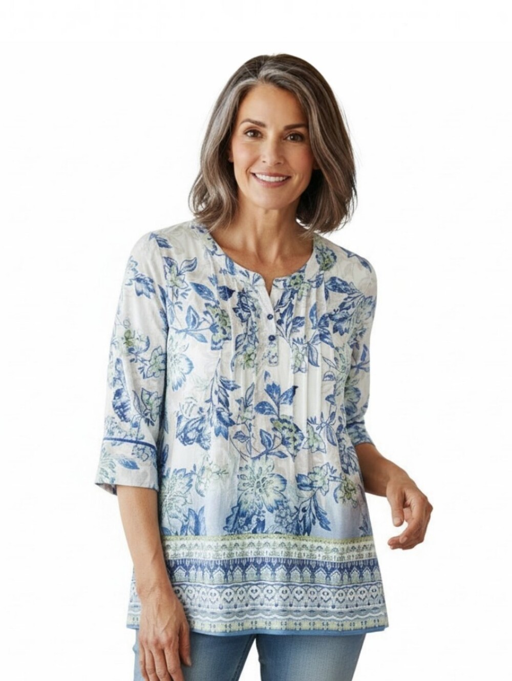 Floral blouse women S rayon pullover A-line scoop neck 3/4 sleeve white blue